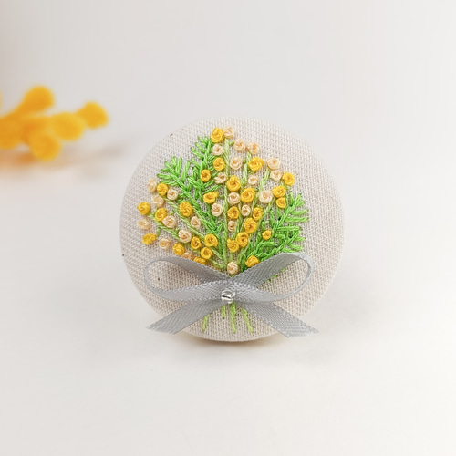 受注制作】ミモザの花束刺繍ブローチor刺繍ヘアゴム 入学式 卒園 母の