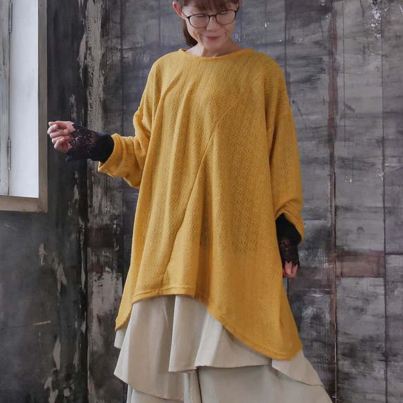 mgmg様★　展示のみ着用なし美品GENTLEMAN KNIT 　YELLOW 大人の抜け感コーデに◎アランハニカム模様＊シアーニット