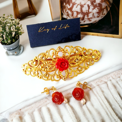 お花のバレッタ♪オレンジ Key of Life【赤い薔薇×ゴールド】透かしバレッタ☆簡単ヘアアレンジ
