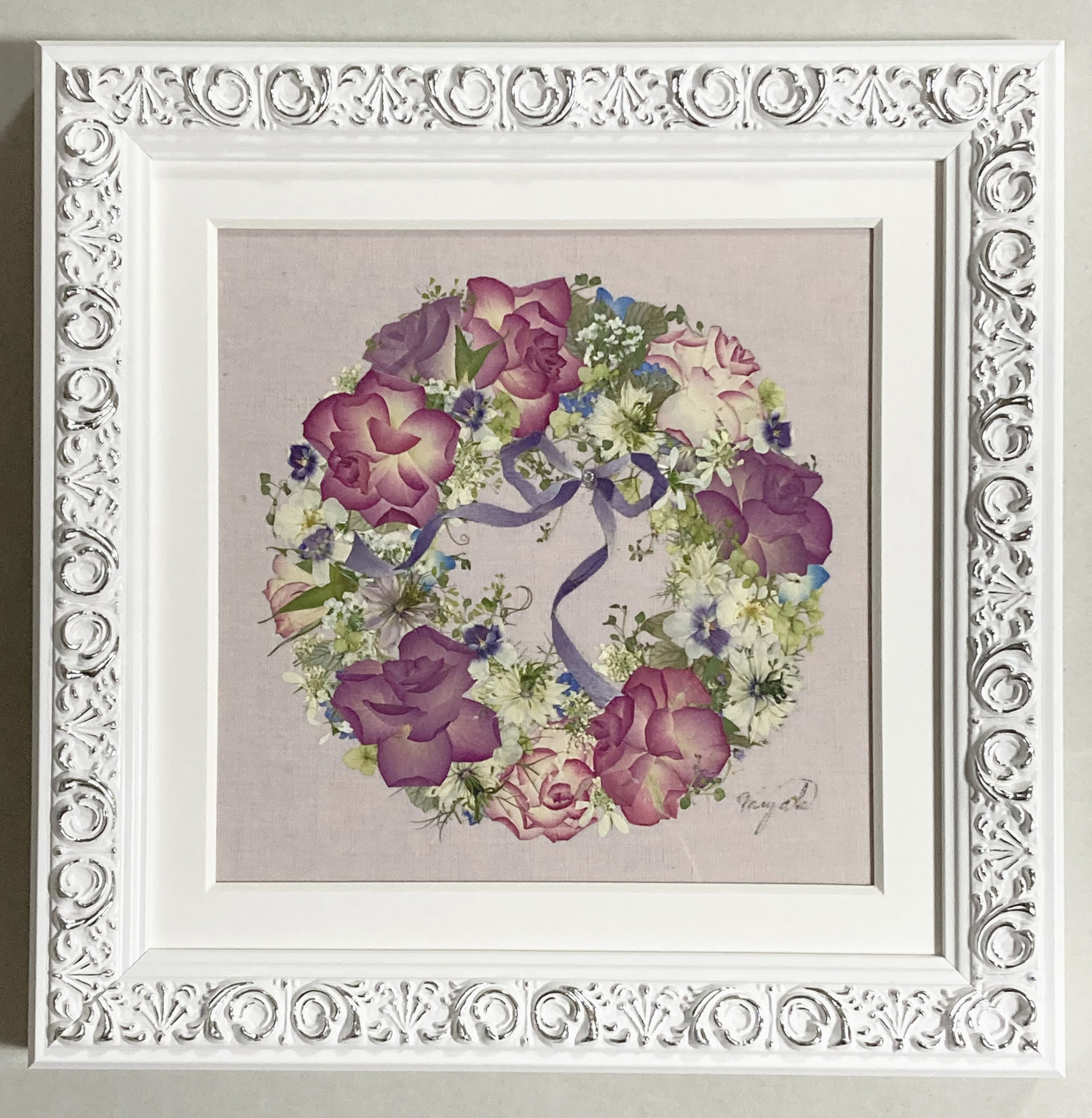 クリスマスセール 　押し花額　フラワーギフト　バラのリース　ピンク系のバラ　卒業・入学祝　結婚祝