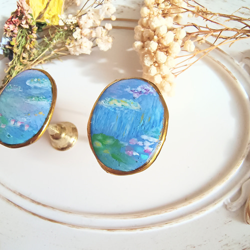 絵画ピアス 手描きアクセサリー クロード・モネ 睡蓮 名画 ピアス