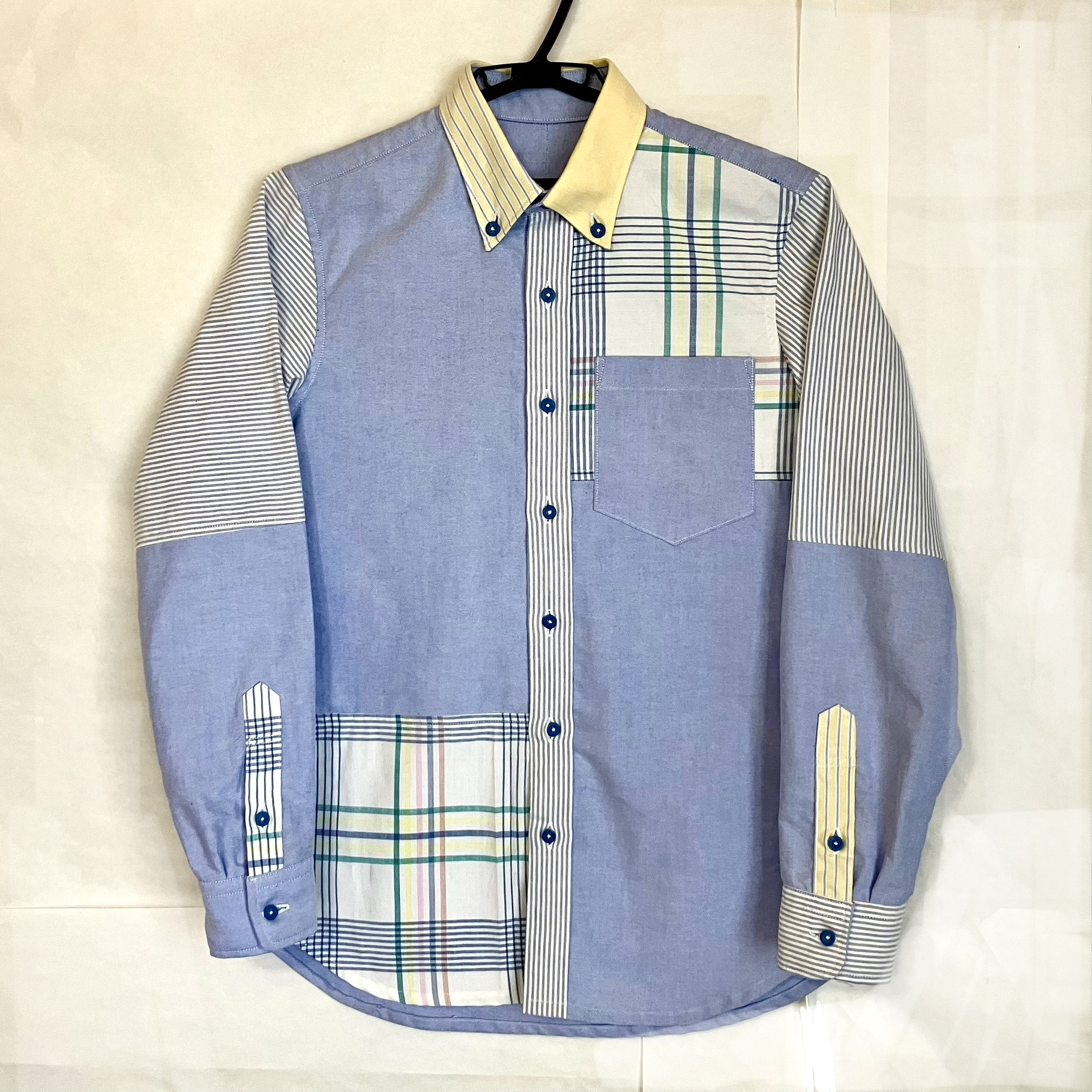 Preppy Classic | ブルー系パッチワーク・オックスフォードシャツ｜メンズM｜一点もの