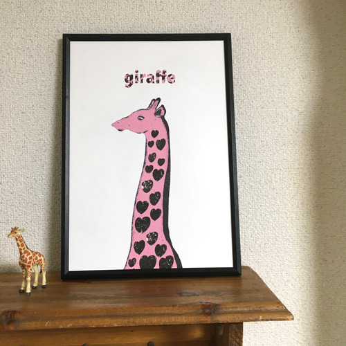 カラフルなキリンの絵画 15x15サイズ 【 Pink Giraffe 】