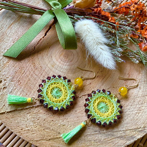 糸かけ曼荼羅ピアス(イヤリング)✨芽吹き ピアス（フック・チェーン