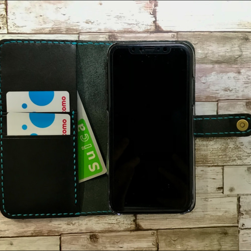 2枚ポケット付き　栃木レザー　ブラック　iPhoneケース　本革　手帳型 サイドポケット付き 栃木レザーiPhoneケース ブラック
