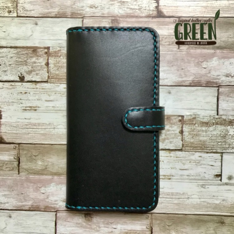 2枚ポケット付き 栃木レザーiPhoneケース　ブラック　手帳型　本革　スマホケース ベルト付き