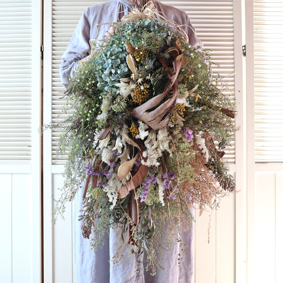 ユーカリ　リース　フライングリース　ドライフラワー　春　スワッグ　ミモザ ユーカリリースフライングリースドライフラワー春スワッグミモザ