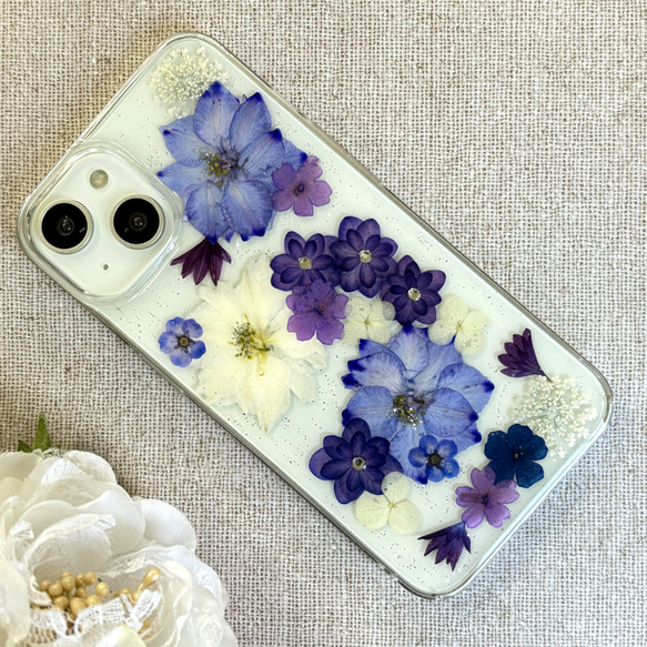 【限定セール❁】押し花スマホケース  iPhone14 NO.689 ◆撮影用商品/現品限り 1枚目の画像