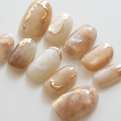 オレンジブラウンの奥行きニュアンスネイル◇ネイルチップ【casual-No