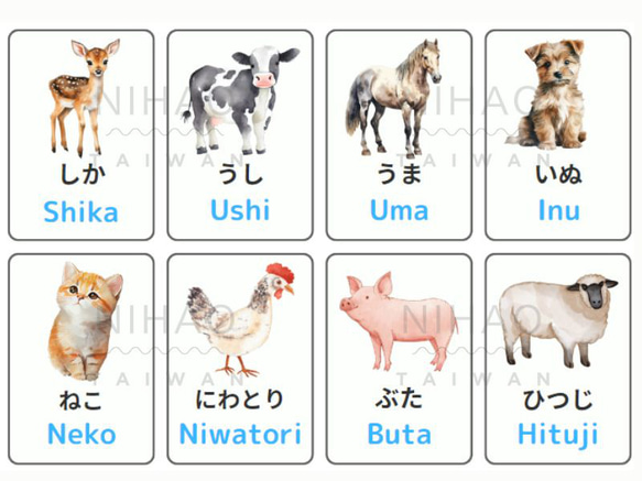 日本語学習・単語カード・可愛い動物24匹・ひらがな・ローマ字表記（PDFデータ）フラッシュカード 4枚目の画像