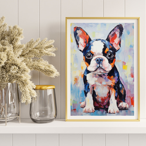 アクリル画 ボストンテリア　犬　宇宙　キャンバス　ポーリングアート　BAEZ3 アクリル画 ボストンテリア 犬 宇宙 キャンバス ポーリング