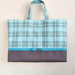新品レッスンバッグ完売品 グリーンチェック トートバッグ タータンチェックのレッスンバッグ 大きめ 35cm×45cm ミント