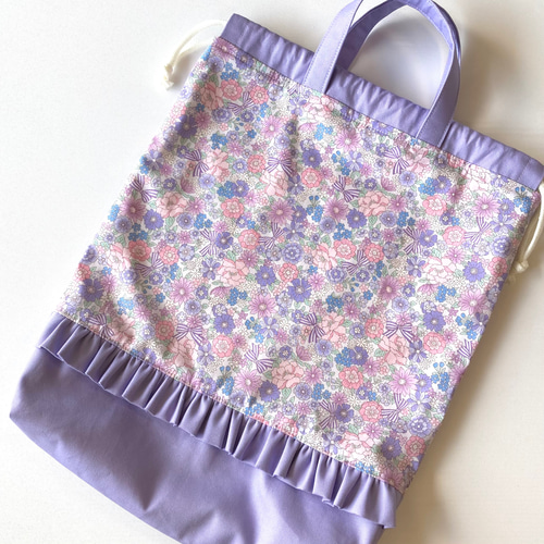 フリル♡花リボンラベンダー　入学セット お花とリボンのフリル入園入学3点セット レッスンバッグ+