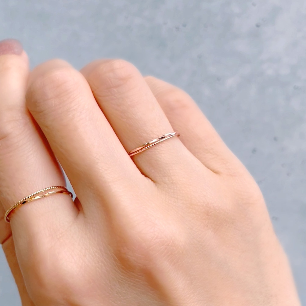 【再販‼】冬のおしゃれに♡K10ピンクゴールド 2連リング スキンジュエリー 重ね付け 金属アレルギー〈13 #5～7〉