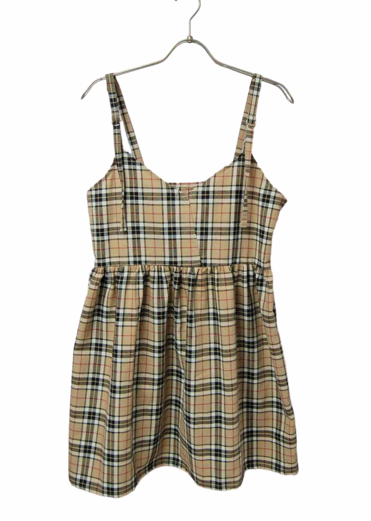 タータンチェック　コットンキャミソールギャザーチュニック:ベージュ