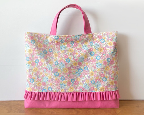 お花とリボンのフリルレッスンバッグ ピンク 女の子 入園入学2025