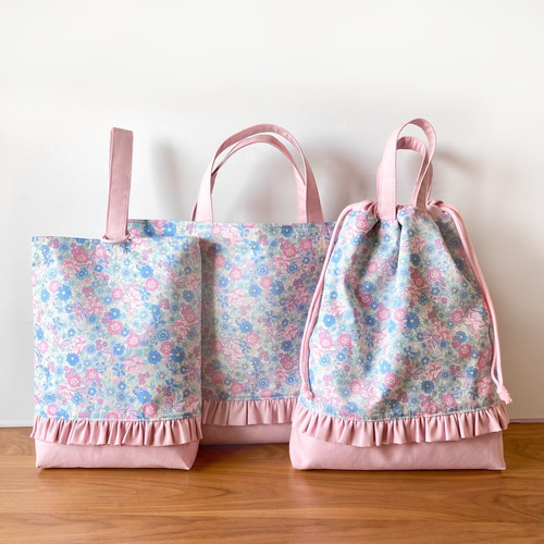 お花とリボンのフリルレッスンバッグ ベビーピンク 女の子 入園入学