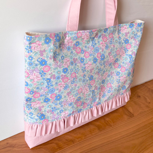 お花とリボンのフリルレッスンバッグ ベビーピンク 女の子 入園入学