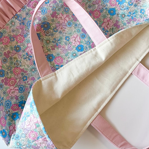 お花とリボンのフリルレッスンバッグ ベビーピンク 女の子 入園入学