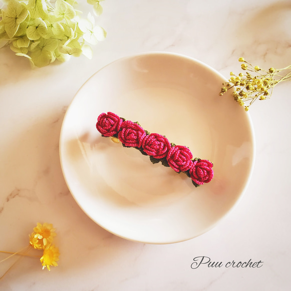 レース編み／薔薇のバレッタ・ピンク 1枚目の画像