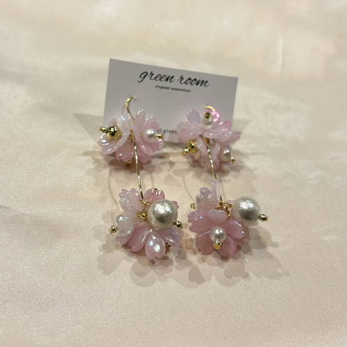 桜満開ピアス ハンドメイドアクセサリー 桜イヤリング ピアス（フック 