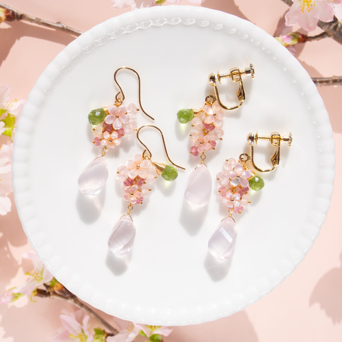 桜＊ローズクォーツとピンクシェル・天然石（モルガナイト・ペリドット 