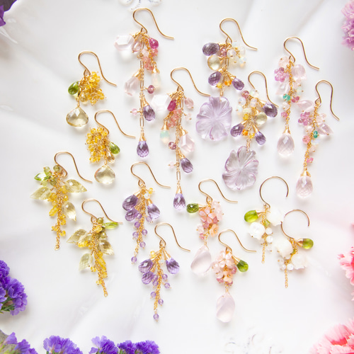 ローズクォーツプルメリアリーフカービング＆プレナイト＆ピンクトルマリンのピアス 彼女へのプレゼント K18YG ルビー&ローズクォーツ&ピンク