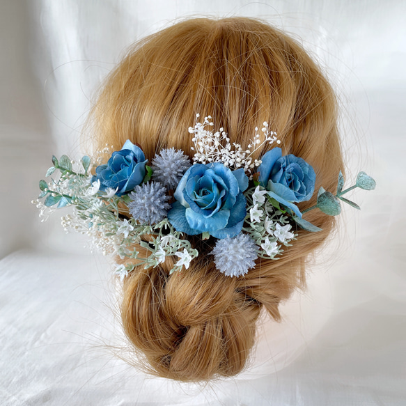 青　ウエディング　ブライダル　ヘッドドレス　造花　カラードレス　和装　成人式　髪飾り　フラワー　色打掛　結婚式　前撮り 2枚目の画像
