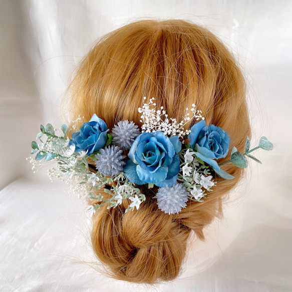青　ウエディング　ブライダル　ヘッドドレス　造花　カラードレス　和装　成人式　髪飾り　フラワー　色打掛　結婚式　前撮り 3枚目の画像