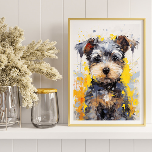 絵画 犬 犬の絵 犬雑貨 フェルメール オマージュ シュナウザー 美術品 原画 まなざし - シュナウザー犬の子犬 No.1】アートポスター 犬の絵 犬の