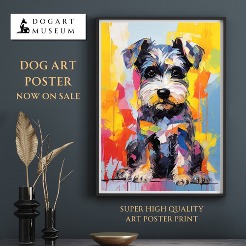 絵画 犬 犬の絵 美術品 フェルメール オマージュ シュナウザー ペットの似顔絵 まなざし - シュナウザー犬の子犬 No.4】アートポスター 犬の絵 犬の