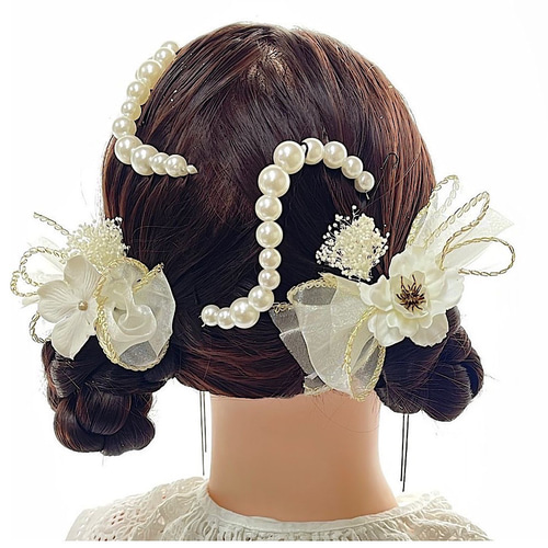 成人式 髪飾り ショートランダムパールチェーン髪飾り ホワイト リボン