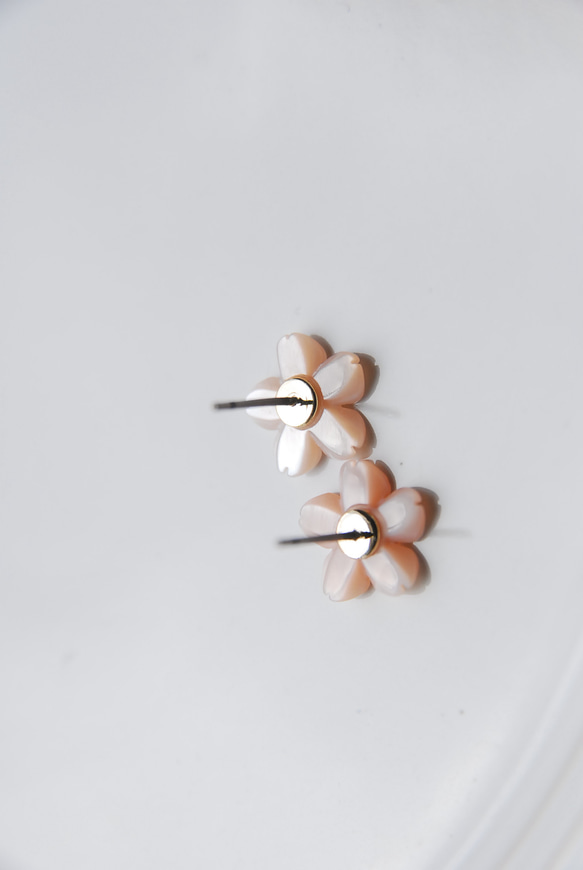 粉紅貝殼櫻花耳環，搭配鈦金屬配件 第5張的照片