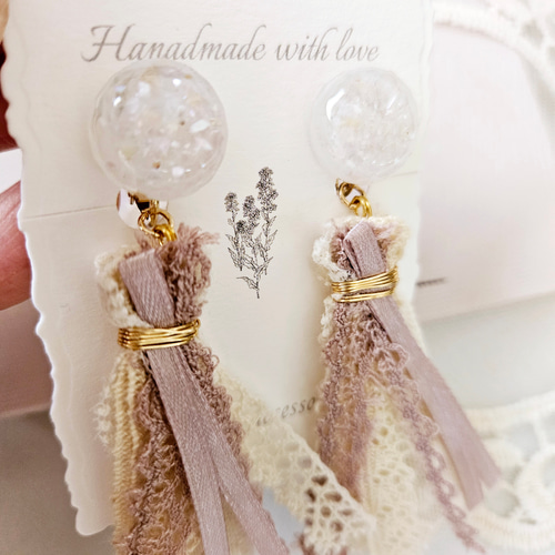 再販6　個性的　チュール　レース　タッセル　フリンジ　ピアス　イヤリング　アクセ ピンクレースタッセルのキラキライヤリング イヤリング