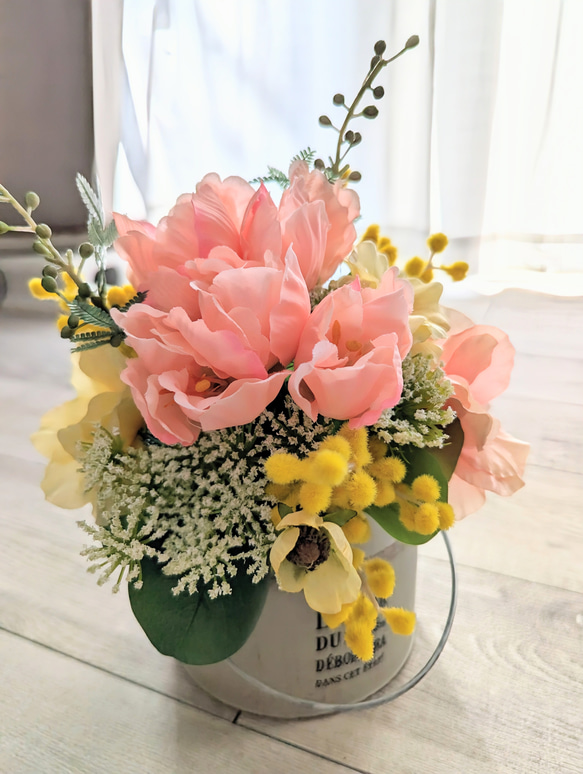 春色Petit Bouquet～ミモザ×チューリップ×ラナンキュラスラックス アンブリ缶セット ギフト お祝い 母の日 4枚目の画像