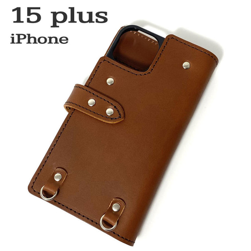 送料無料 手帳型 スマホケース iPhone 15 plus 用 スマホショルダー 革