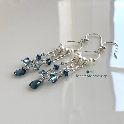 14kgf 宝石質クリソプレーズのピアス 淡水パールとスワロフスキー・クリスタル 14kgf 宝石質クリソプレーズのピアス 淡水パールと