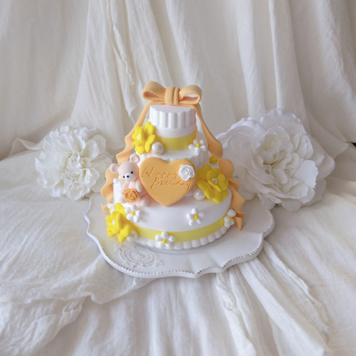 フェイクケーキ　クレイケーキ　リボンケーキ　誕生日 クレイケーキ ハンドメイド リボン 推しケーキ プリンセス 生誕