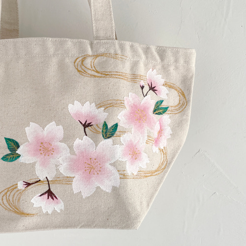 手描き波桜柄 キャンバスランチバッグ トートバッグ 桜 和風 春 トート