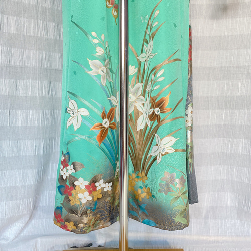 着物リメイク、ワイドパンツ/フリーサイズ、エメラルドグリーン、振袖