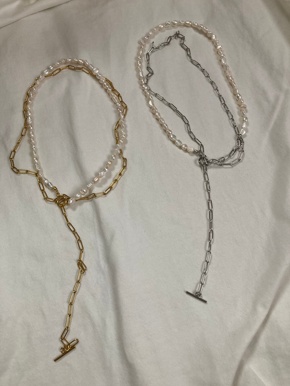 ーlong pearl  chain necklaceー　サージカルステンレス　チェーンネックレス　ロングネックレス 5枚目の画像