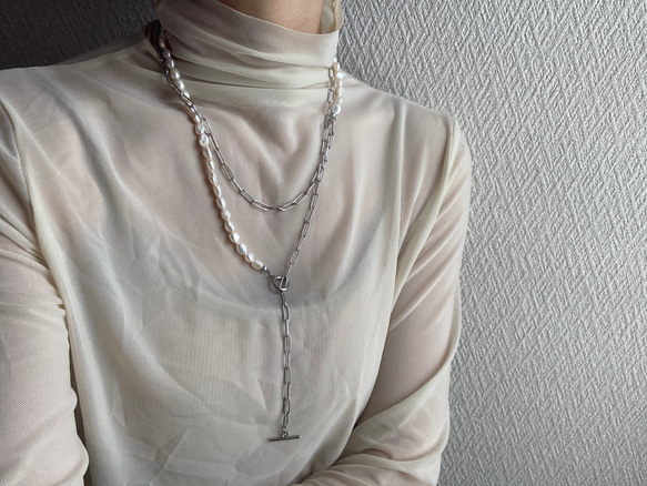 ーlong pearl  chain necklaceー　サージカルステンレス　チェーンネックレス　ロングネックレス 17枚目の画像