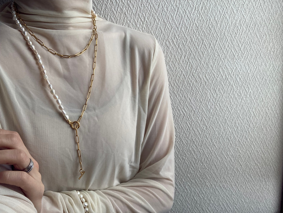 ーlong pearl  chain necklaceー　サージカルステンレス　チェーンネックレス　ロングネックレス 9枚目の画像