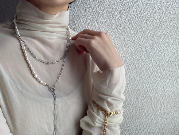 ーlong pearl  chain necklaceー　サージカルステンレス　チェーンネックレス　ロングネックレス 15枚目の画像