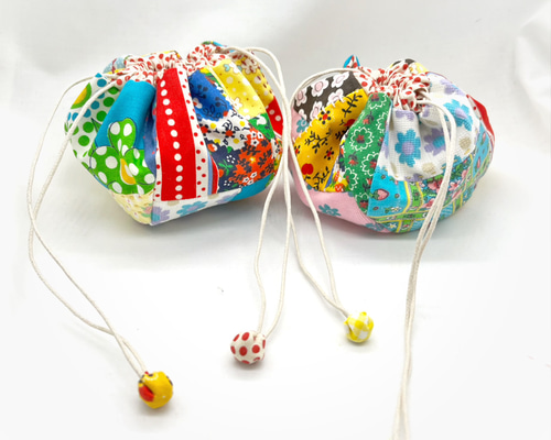 色んなリネンのまるころりん巾着♪ レトロフラワー、ドットパッチ