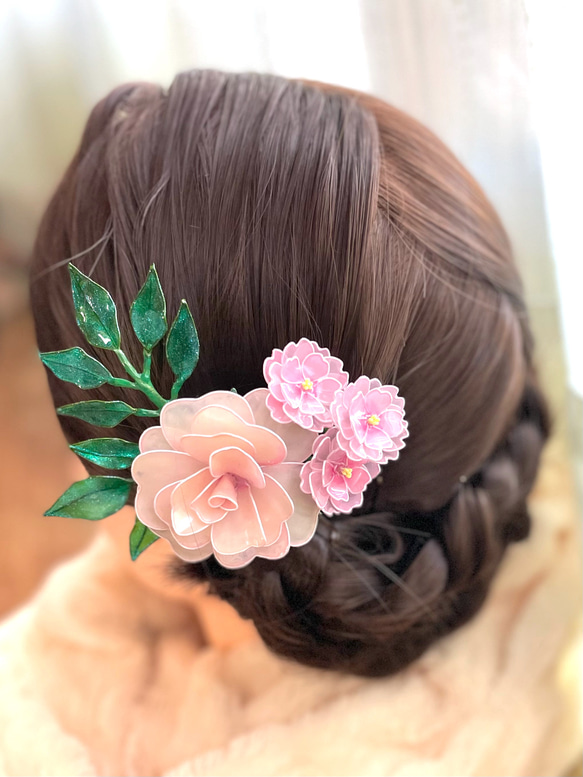 薔薇と八重桜のコサージュ《パールピンクの薔薇》 ＊2way ＊ヘアクリップ ＊卒業式 ＊入学 ＊ディップフラワー 4枚目の画像