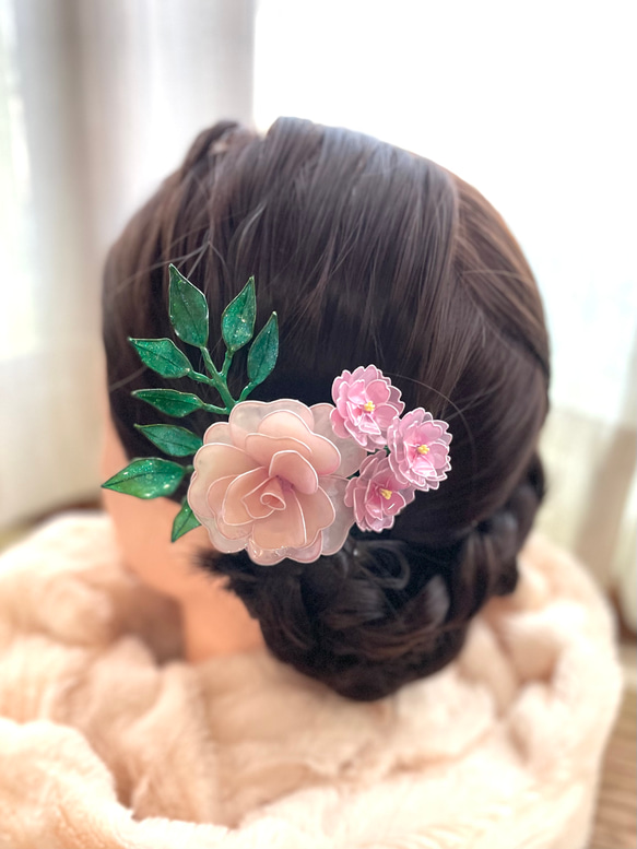 薔薇と八重桜のコサージュ《パールピンクの薔薇》 ＊2way ＊ヘアクリップ ＊卒業式 ＊入学 ＊ディップフラワー 5枚目の画像