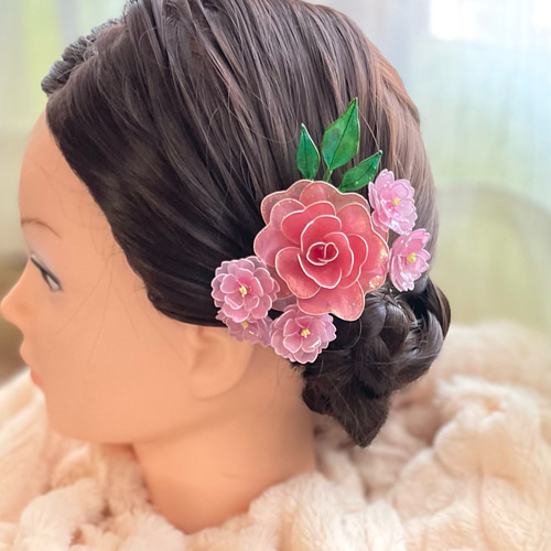 レジンヘアクリップ ハンドメイド バラ ワイヤーフラワー 結婚式 卒業 