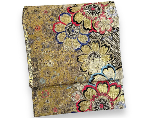 振袖用作り帯　ピンク〜黒　流水に桜　ハンドメイド 1845a.jpg