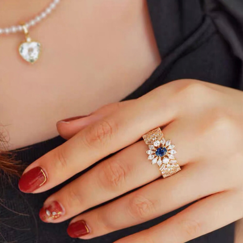 豊かな世界】天然ブルーサファイア キラキラ リング レトロ ゴージャス